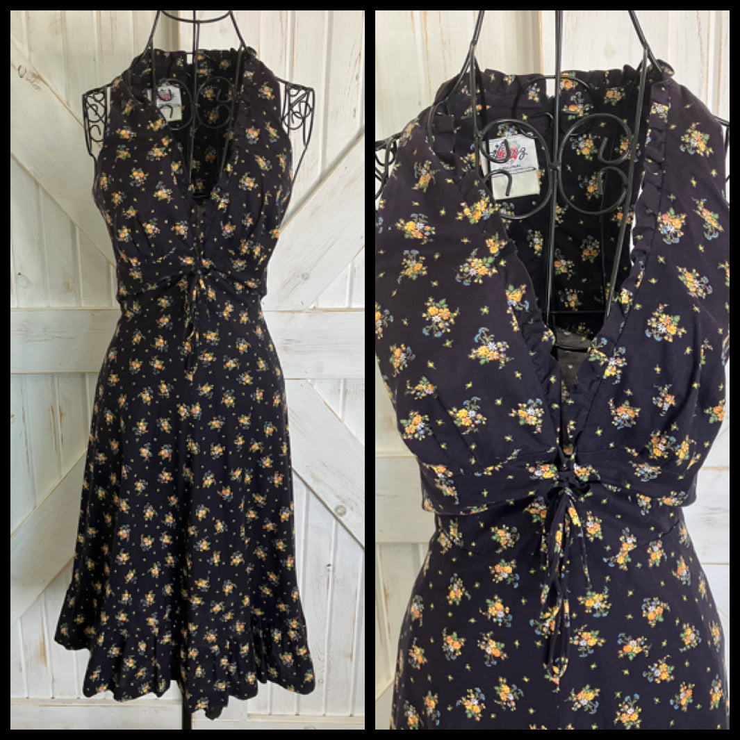 70's Vintage Lanz Original Black Blue Orange Calico Prairie Corset Midi Sundress Dress