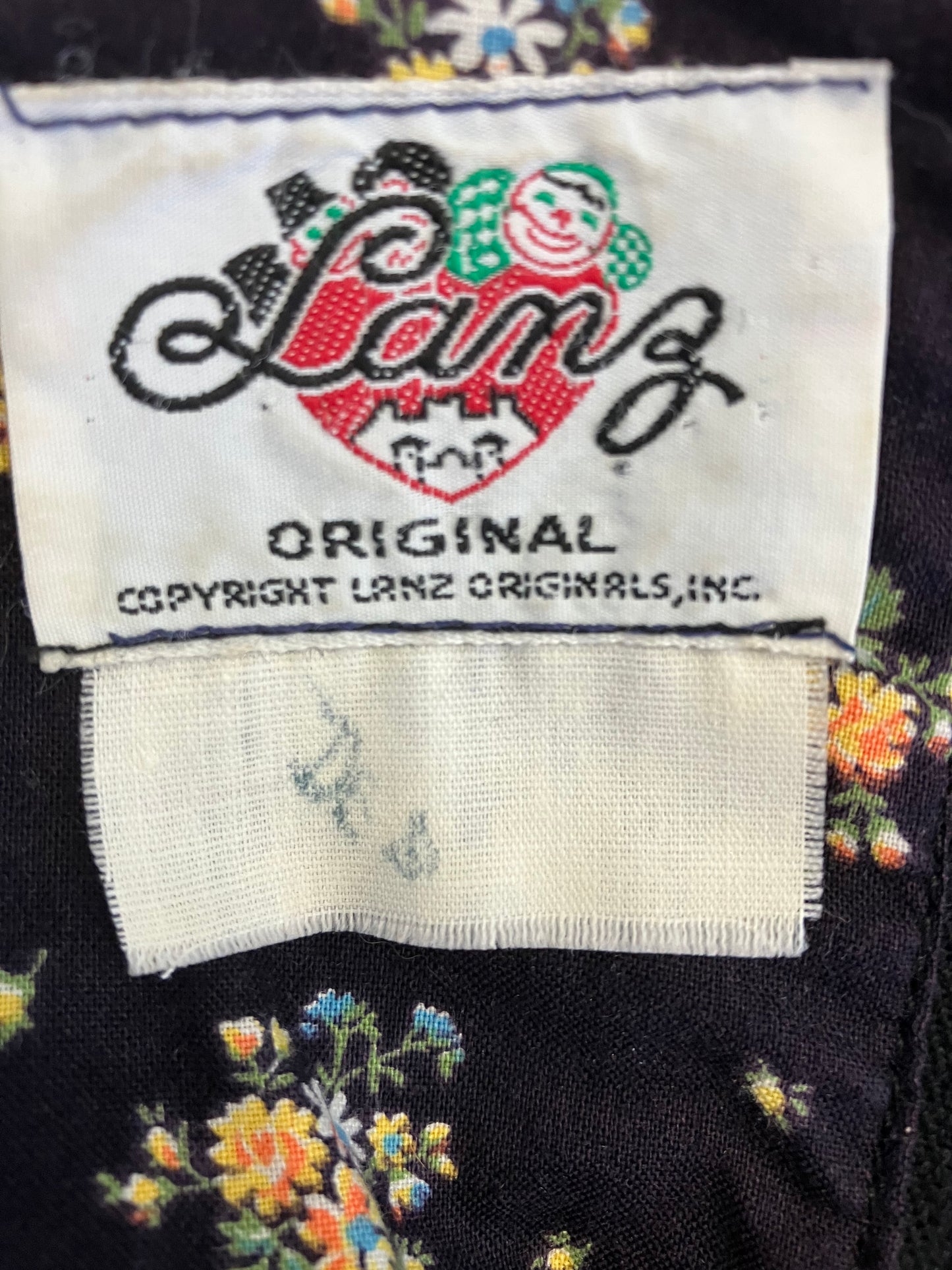 70's Vintage Lanz Original Black Blue Orange Calico Prairie Corset Midi Sundress Dress