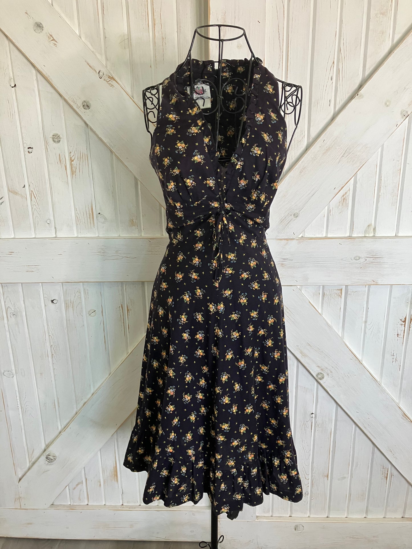 70's Vintage Lanz Original Black Blue Orange Calico Prairie Corset Midi Sundress Dress