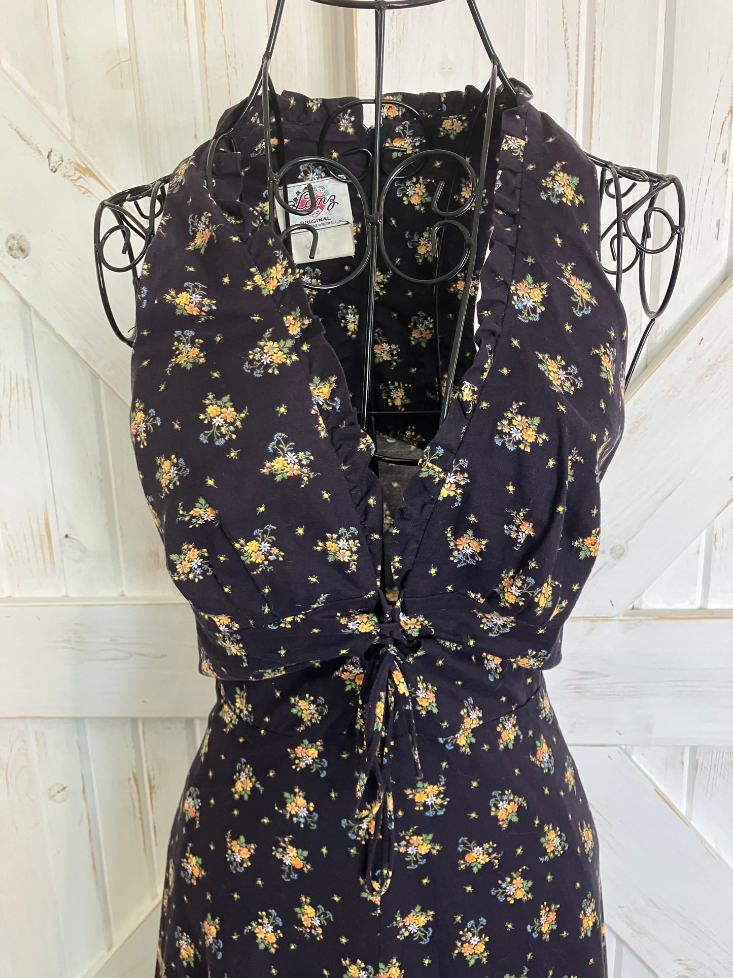 70's Vintage Lanz Original Black Blue Orange Calico Prairie Corset Midi Sundress Dress