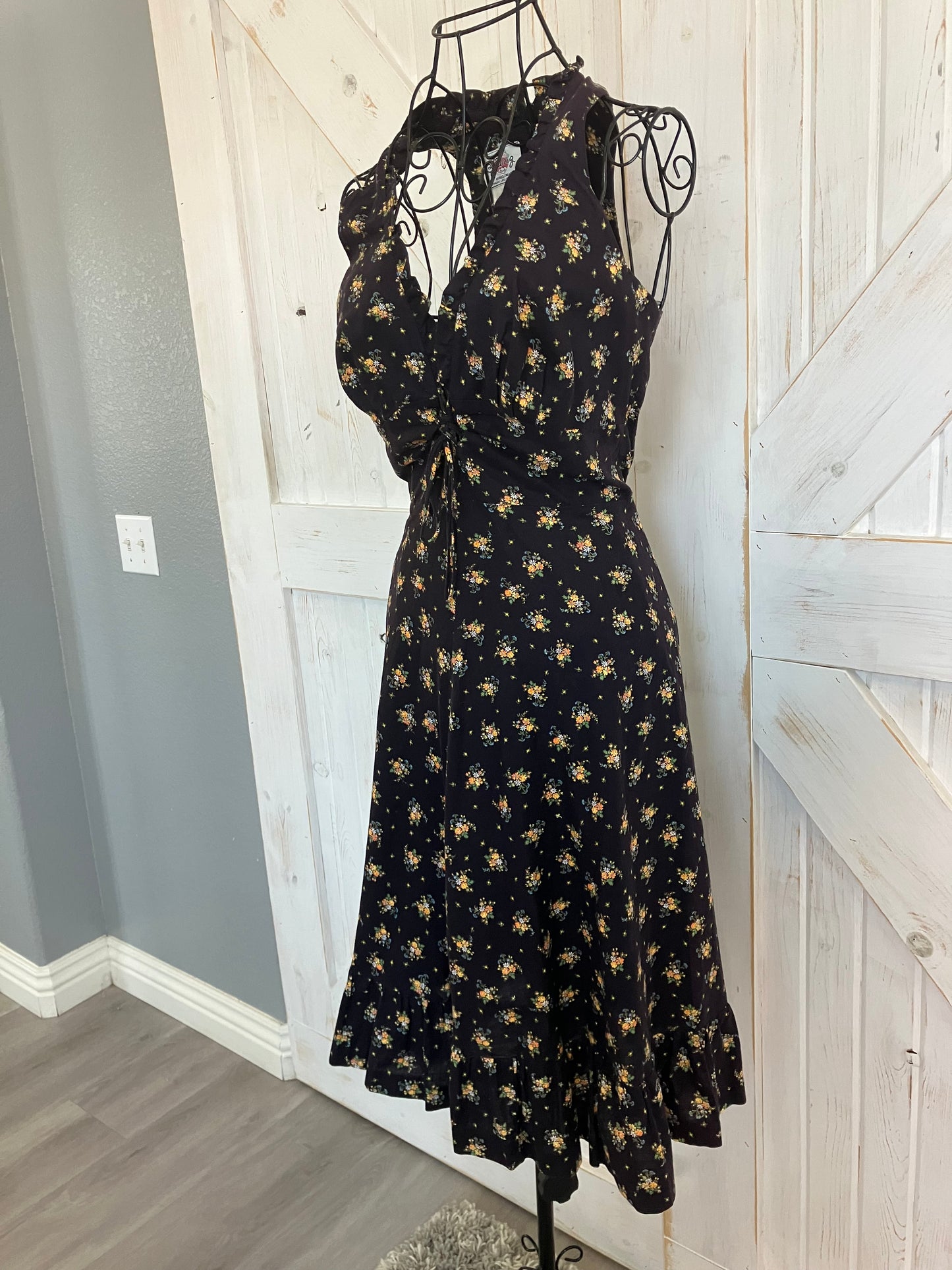 70's Vintage Lanz Original Black Blue Orange Calico Prairie Corset Midi Sundress Dress