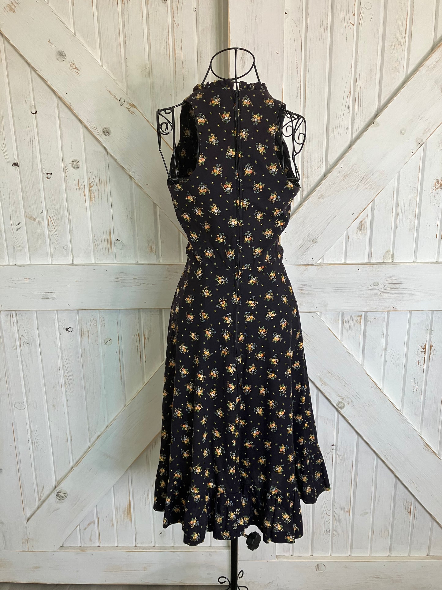 70's Vintage Lanz Original Black Blue Orange Calico Prairie Corset Midi Sundress Dress
