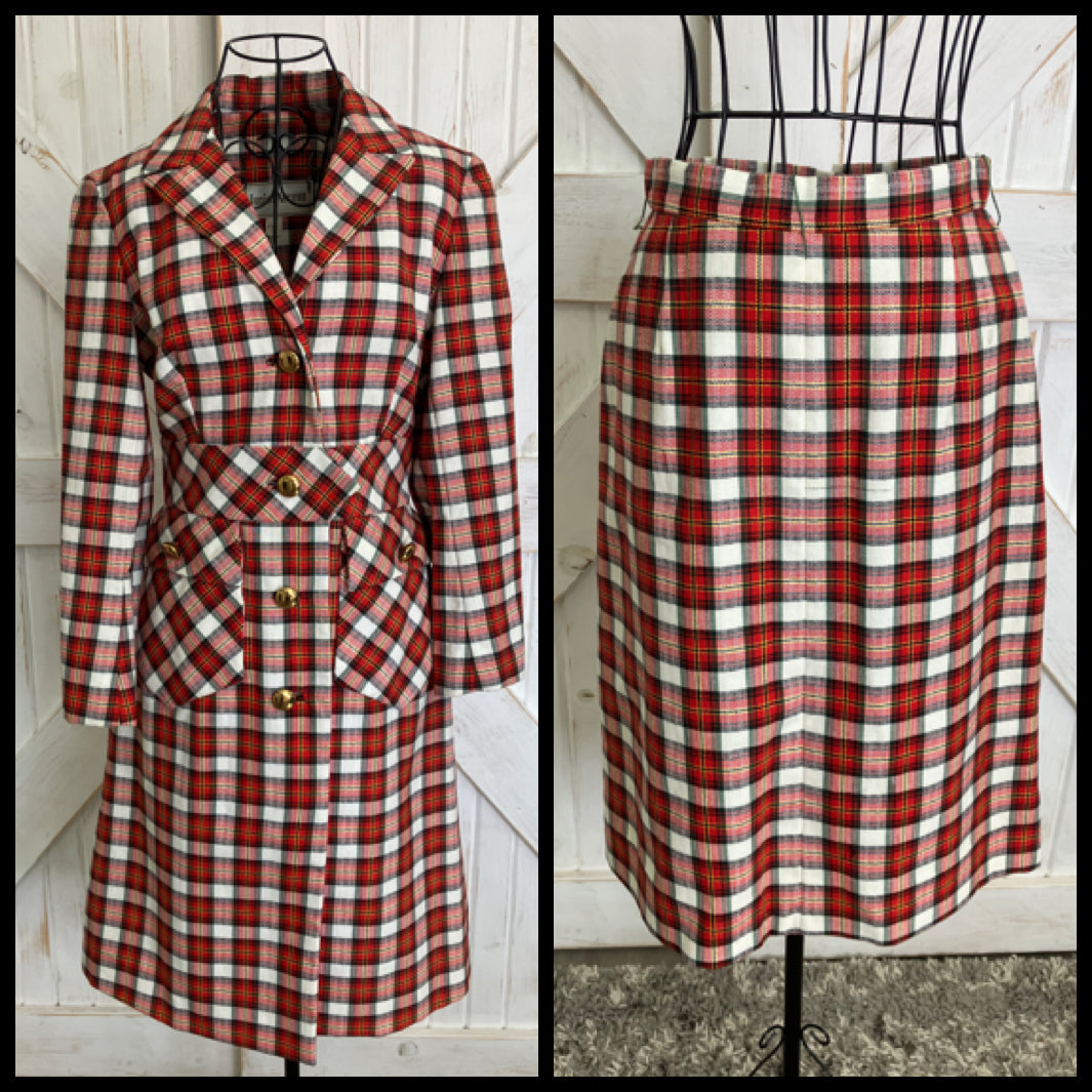 60's Vintage Junior Accent Red White Black Tartan Plaid Mod Jacket Skirt Suit Set