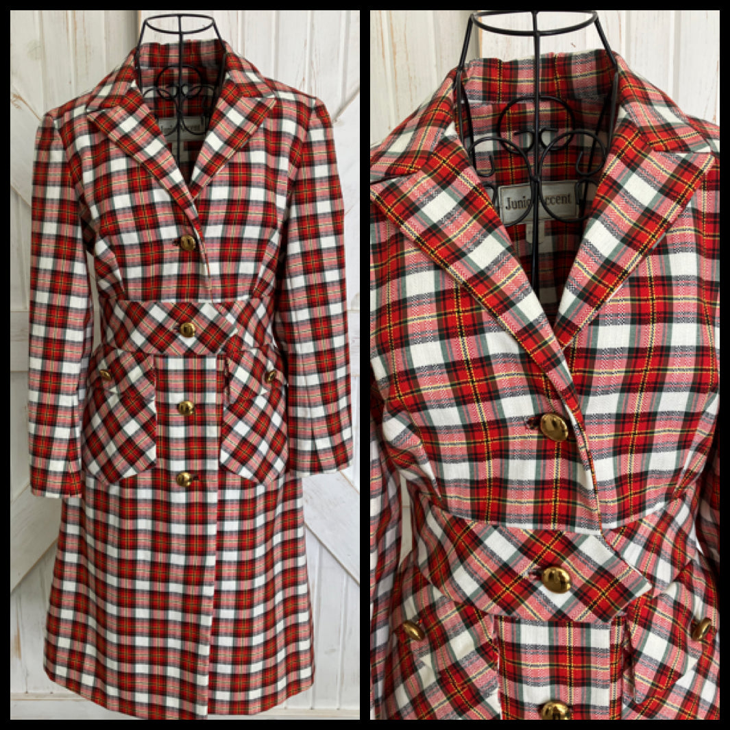 60's Vintage Junior Accent Red White Black Tartan Plaid Mod Jacket Skirt Suit Set