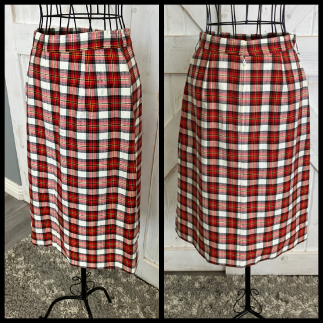 60's Vintage Junior Accent Red White Black Tartan Plaid Mod Jacket Skirt Suit Set