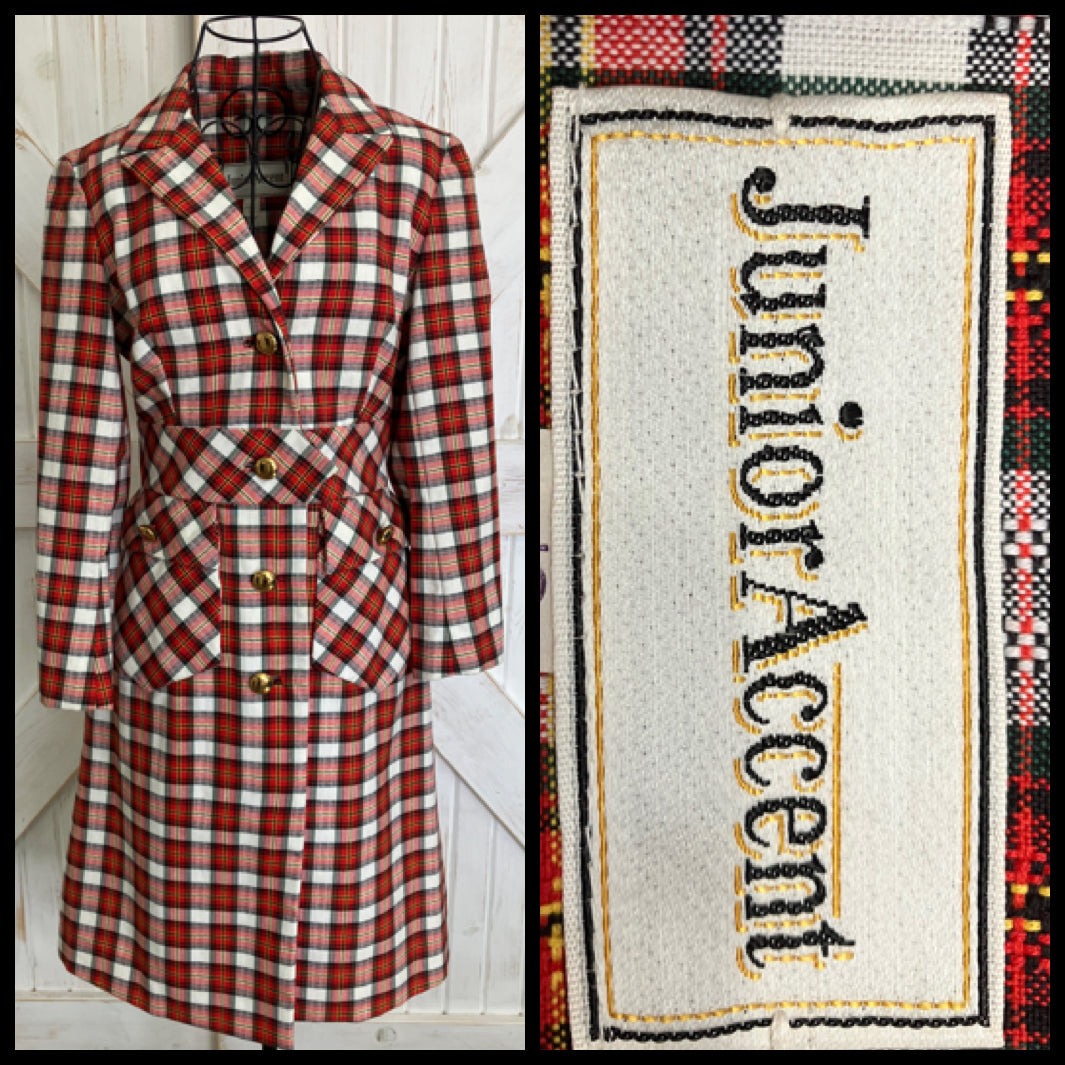 60's Vintage Junior Accent Red White Black Tartan Plaid Mod Jacket Skirt Suit Set