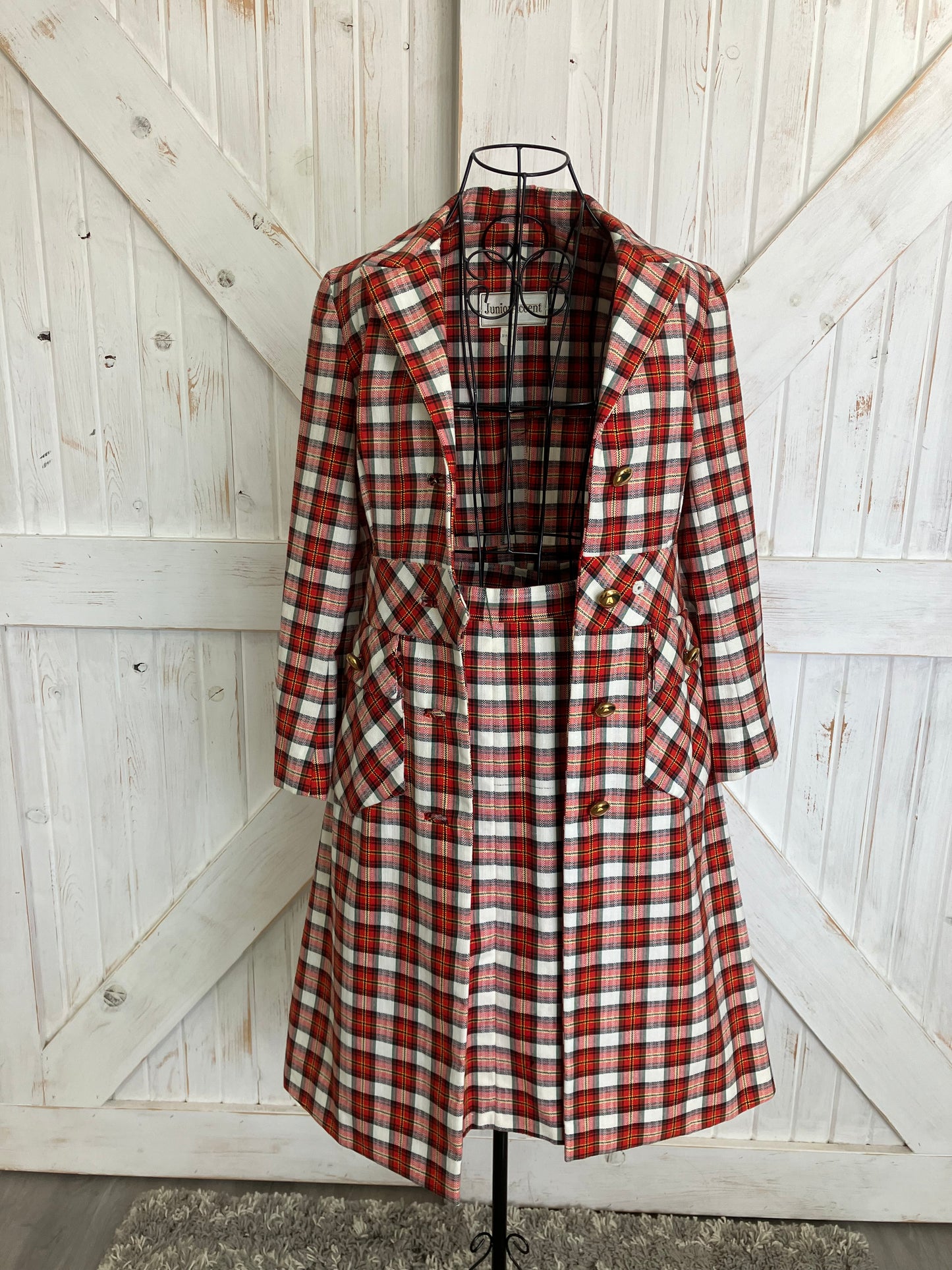60's Vintage Junior Accent Red White Black Tartan Plaid Mod Jacket Skirt Suit Set