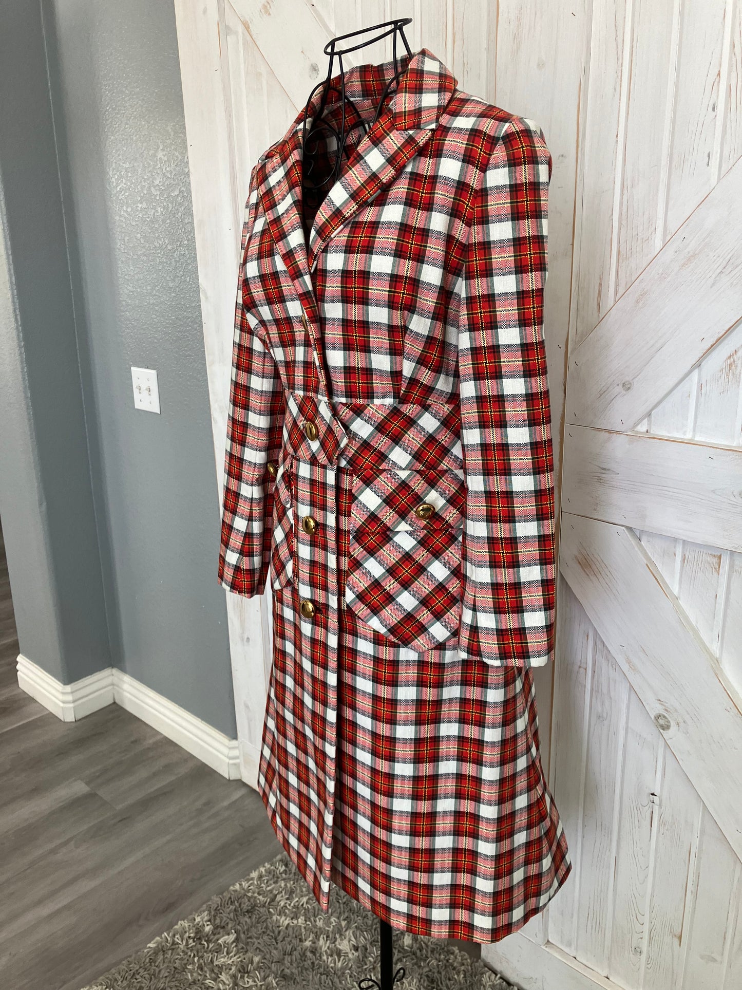 60's Vintage Junior Accent Red White Black Tartan Plaid Mod Jacket Skirt Suit Set