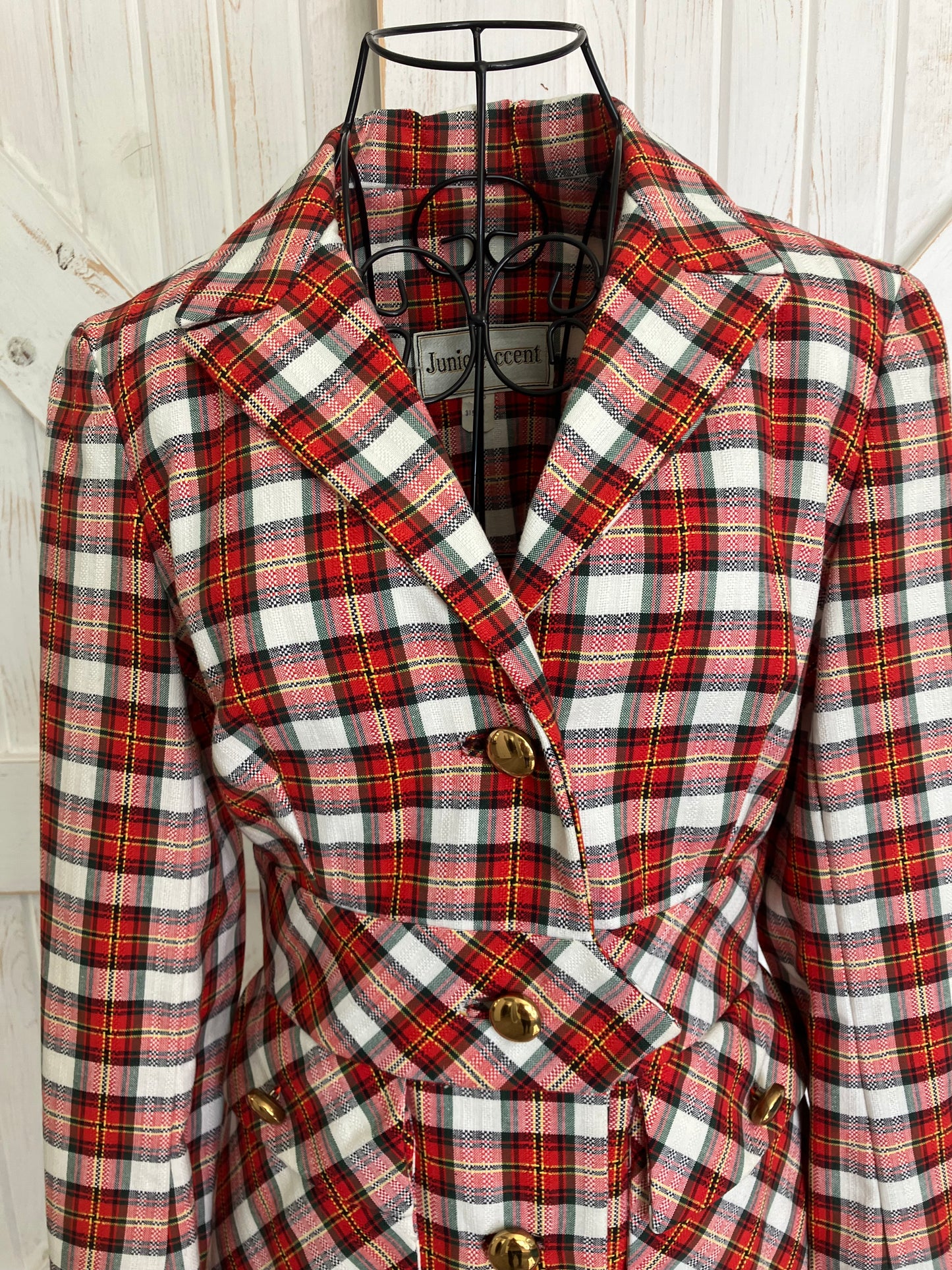 60's Vintage Junior Accent Red White Black Tartan Plaid Mod Jacket Skirt Suit Set