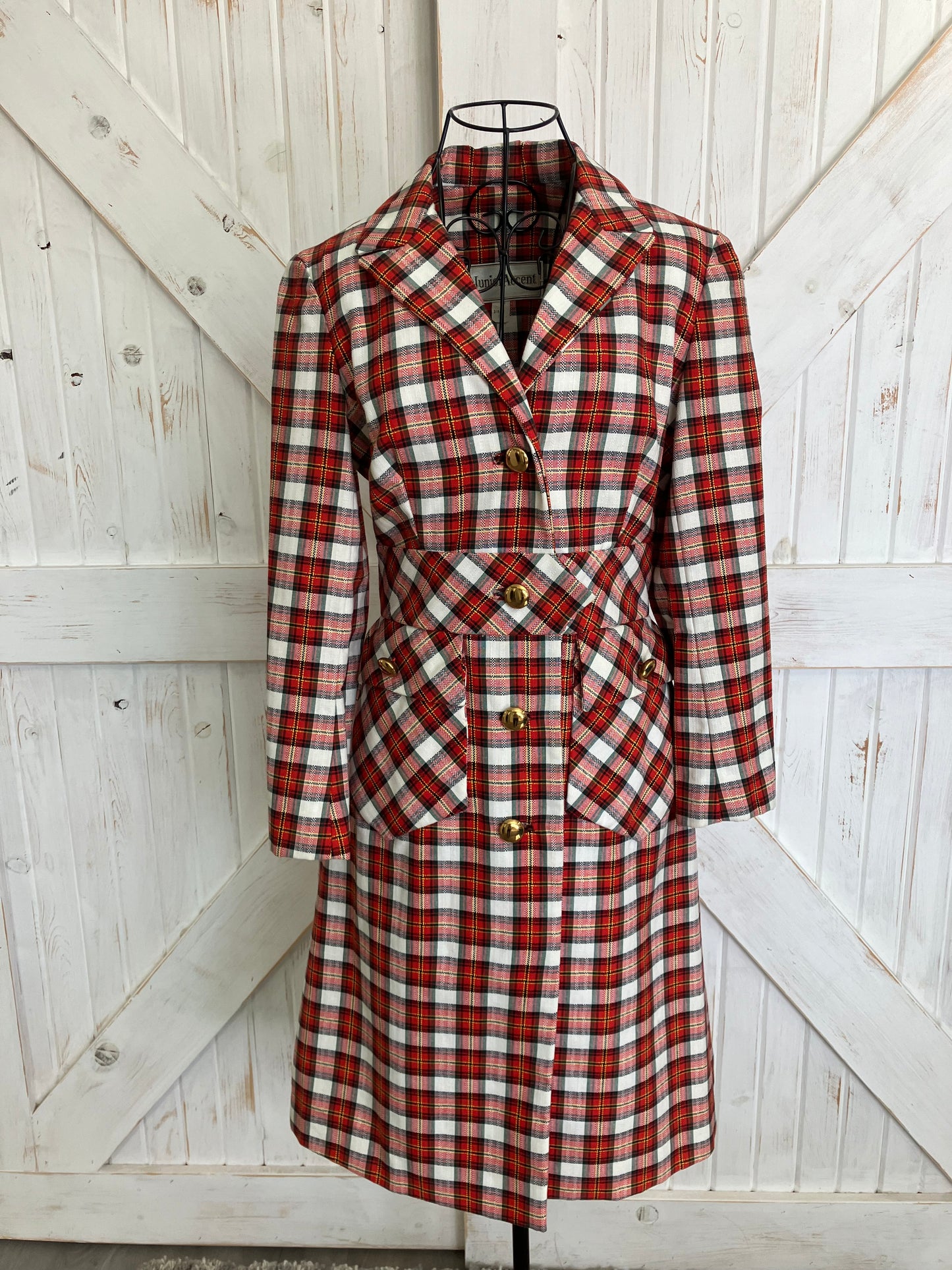 60's Vintage Junior Accent Red White Black Tartan Plaid Mod Jacket Skirt Suit Set
