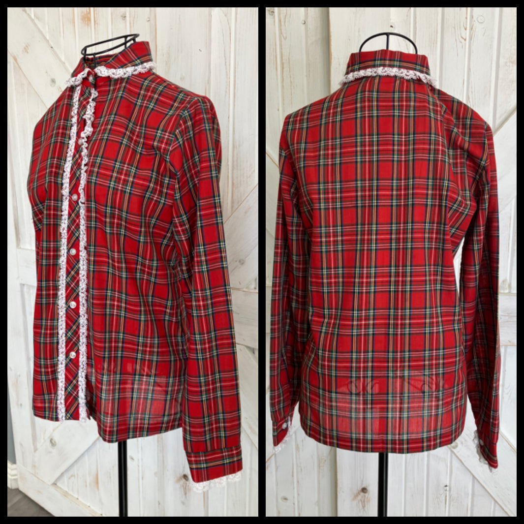 70's Vintage JCPenney Fashions Red Green Tartan Plaid Collared Blouse Top