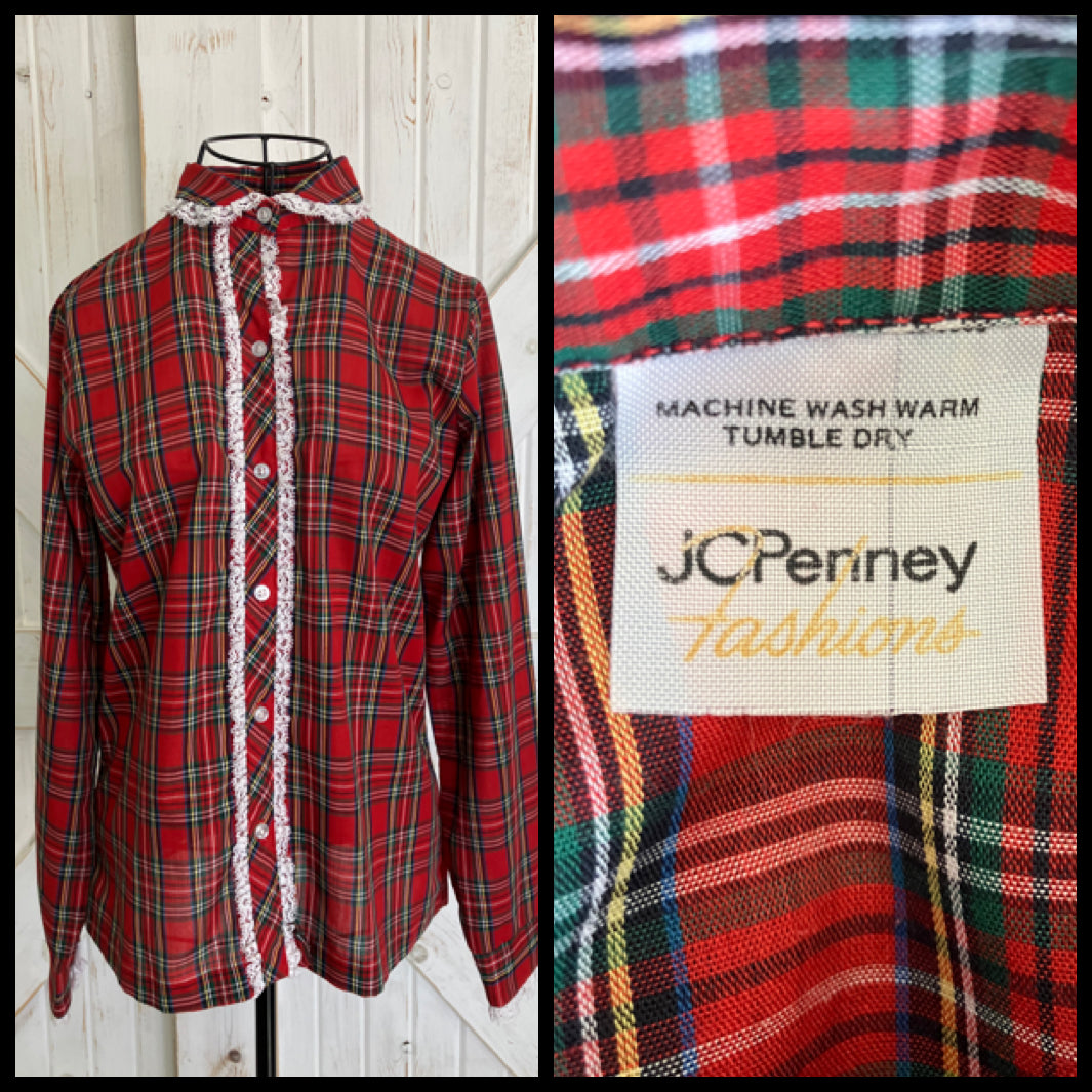 70's Vintage JCPenney Fashions Red Green Tartan Plaid Collared Blouse Top