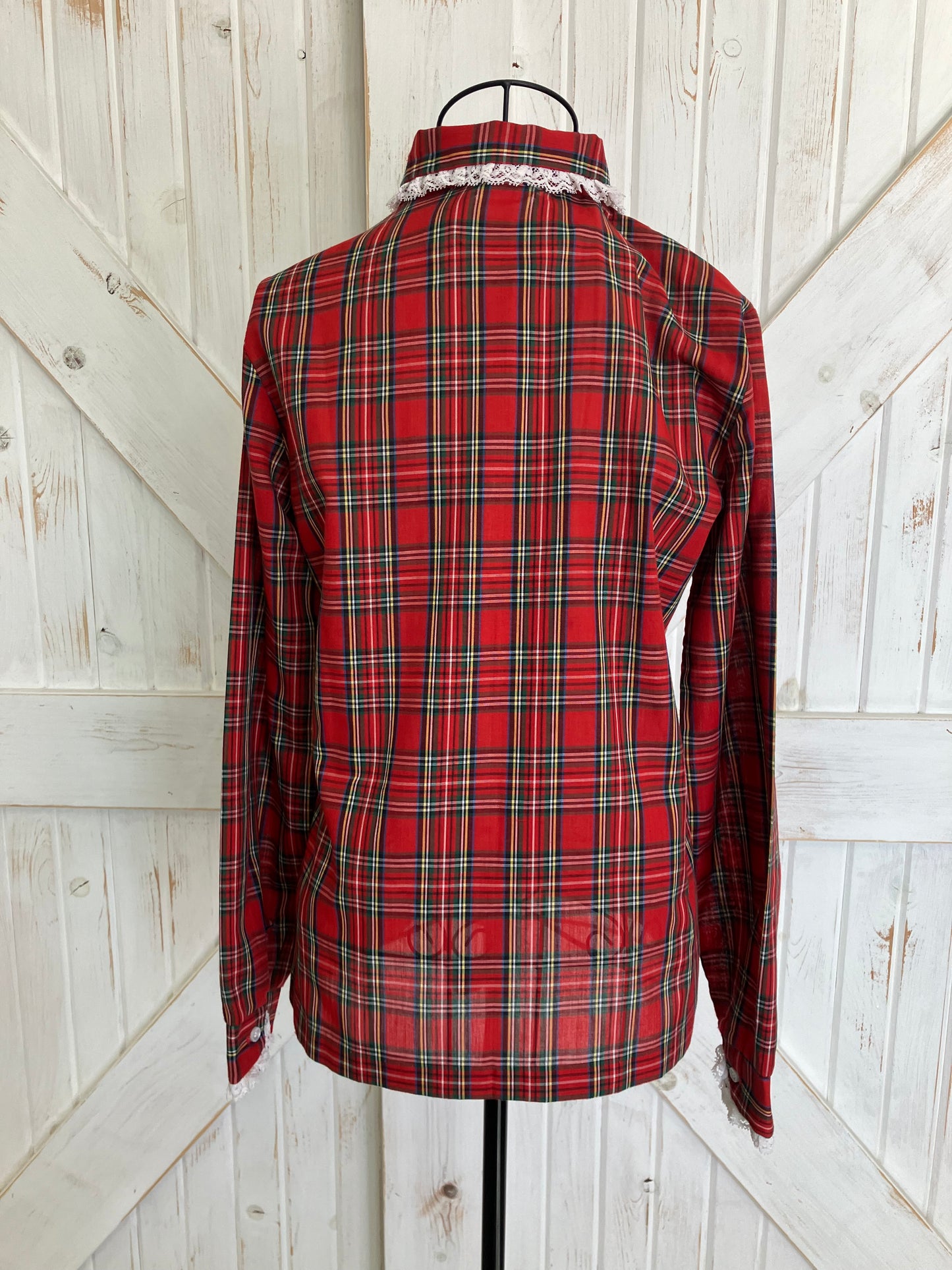 70's Vintage JCPenney Fashions Red Green Tartan Plaid Collared Blouse Top