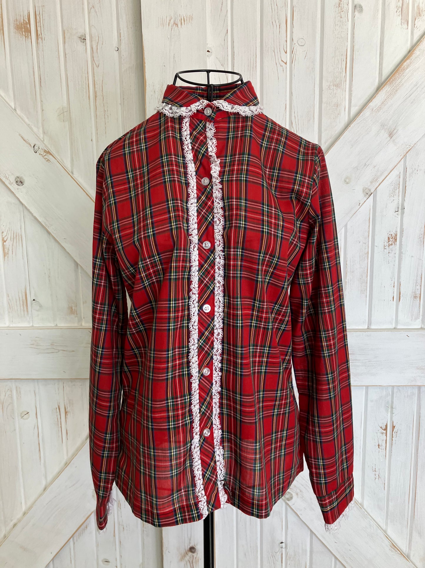 70's Vintage JCPenney Fashions Red Green Tartan Plaid Collared Blouse Top