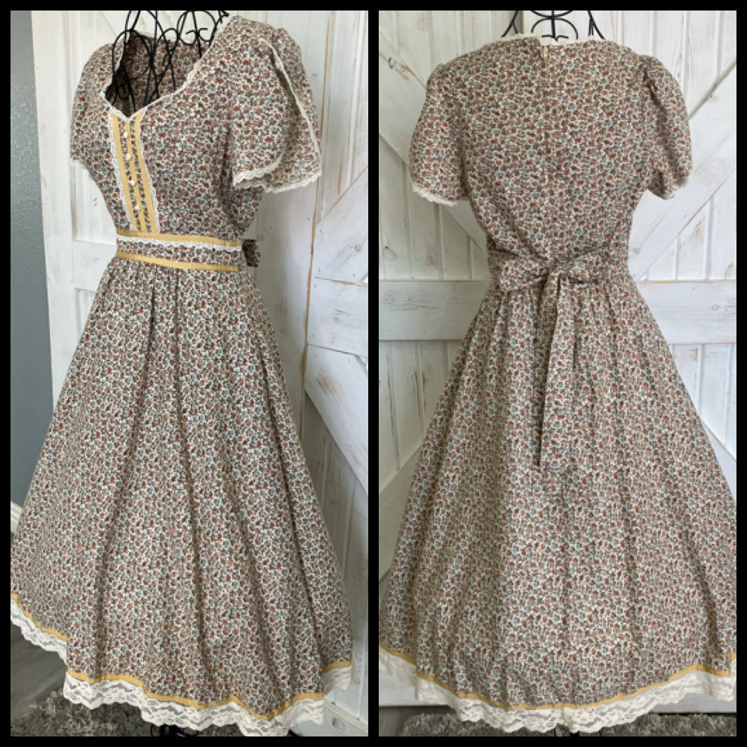 70's Vintage Candi Jones California Brown Ivory Orange Blue Calico Prairie Midi Dress