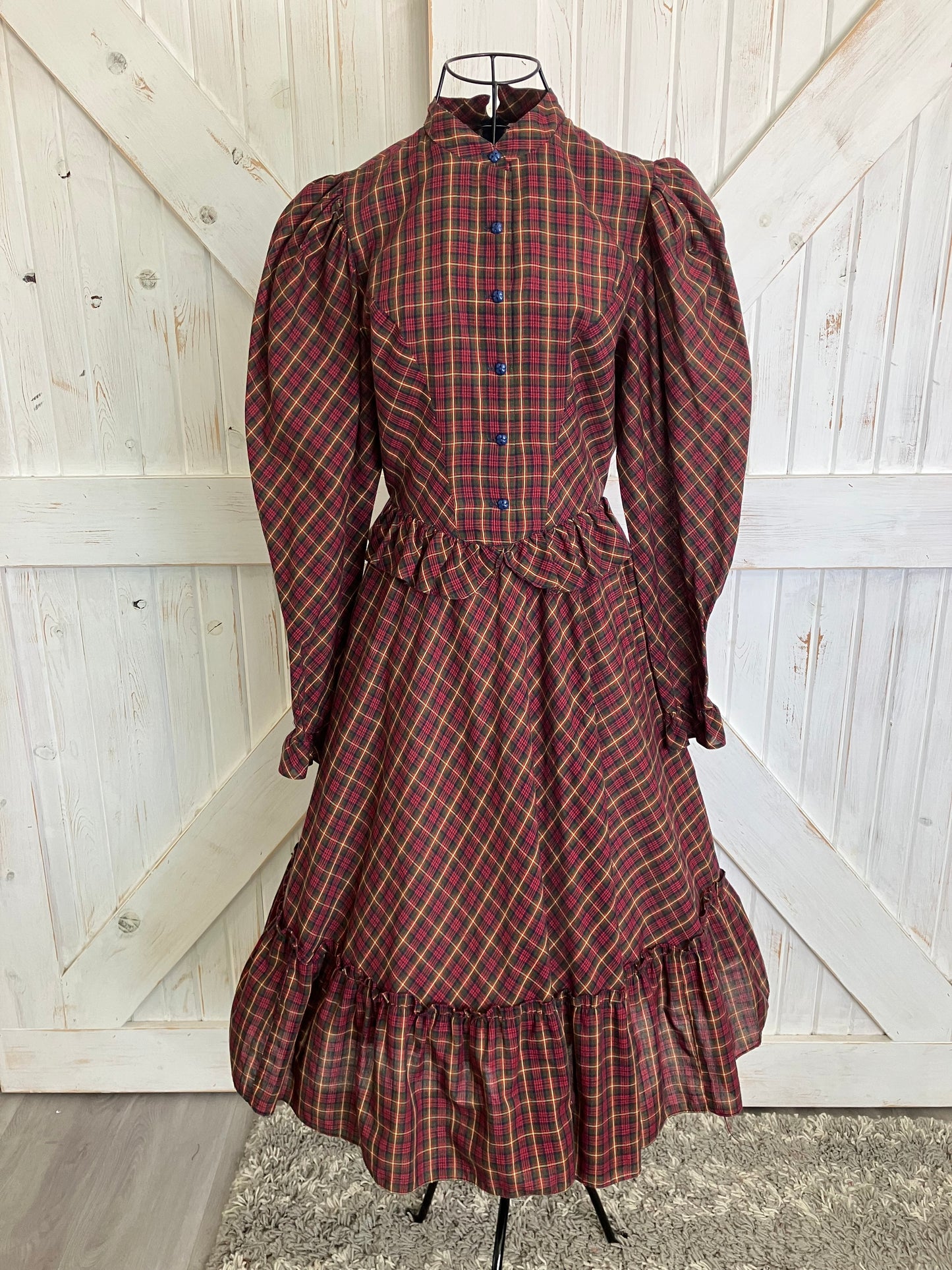 70's Vintage Candi Jones California Red Green Yellow Plaid Western Prairie Midi Dress