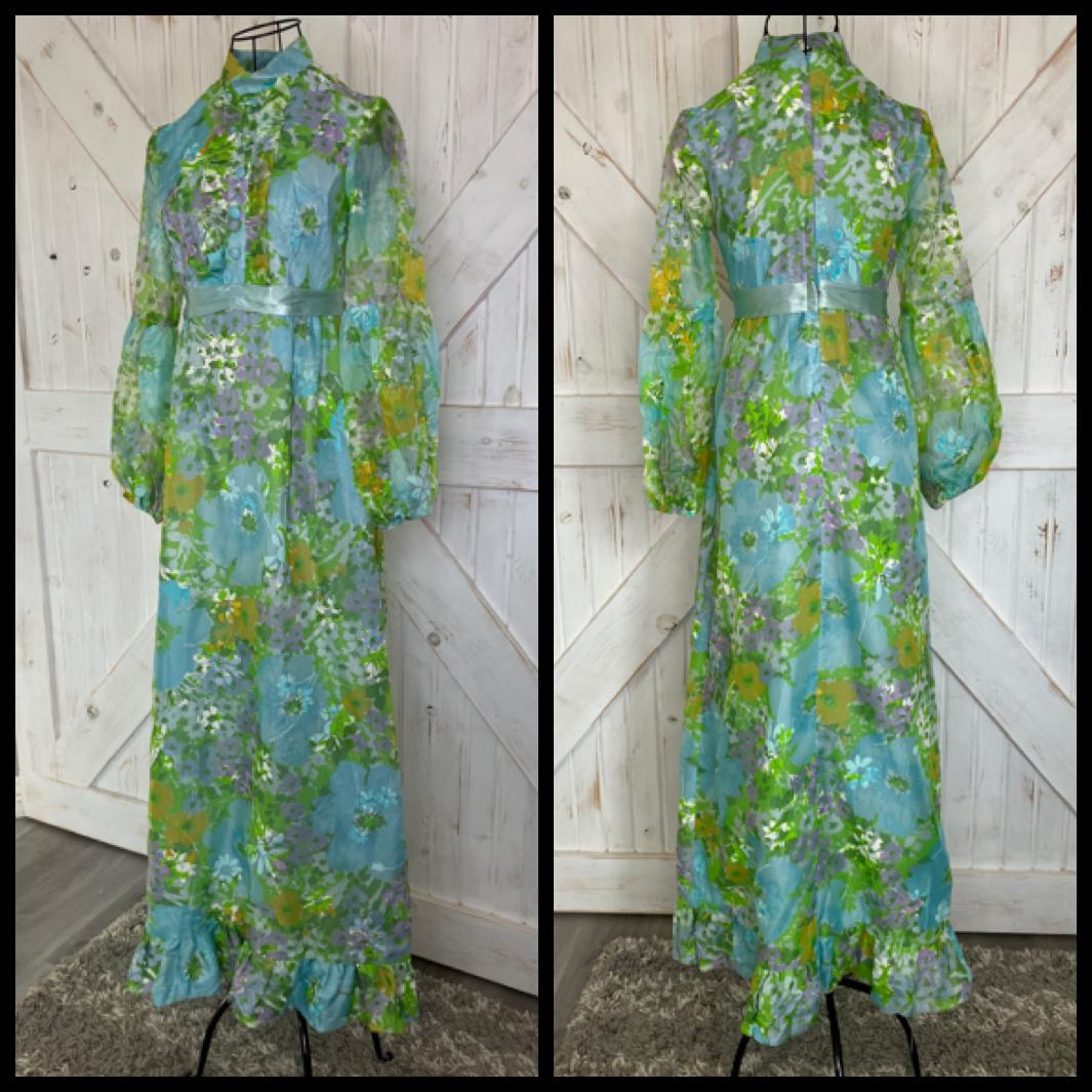 60's Vintage Mod Blue Green Yellow Purple Floral Hostess Maxi Dress