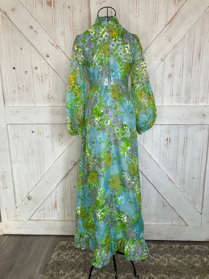 60's Vintage Mod Blue Green Yellow Purple Floral Hostess Maxi Dress