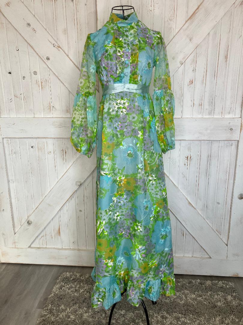 60's Vintage Mod Blue Green Yellow Purple Floral Hostess Maxi Dress