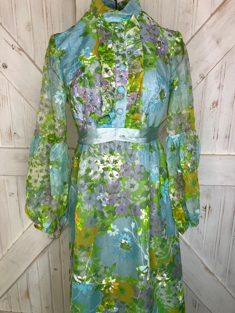 60's Vintage Mod Blue Green Yellow Purple Floral Hostess Maxi Dress
