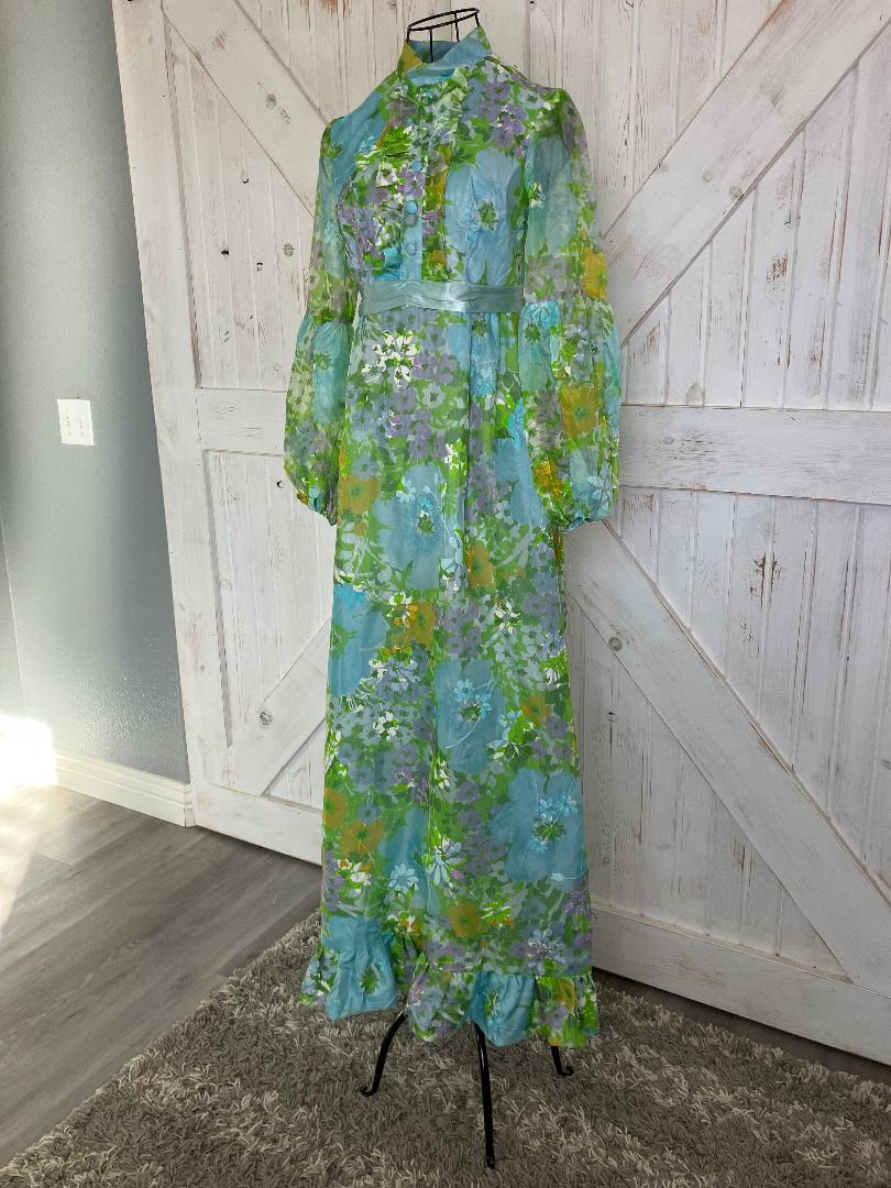 60's Vintage Mod Blue Green Yellow Purple Floral Hostess Maxi Dress