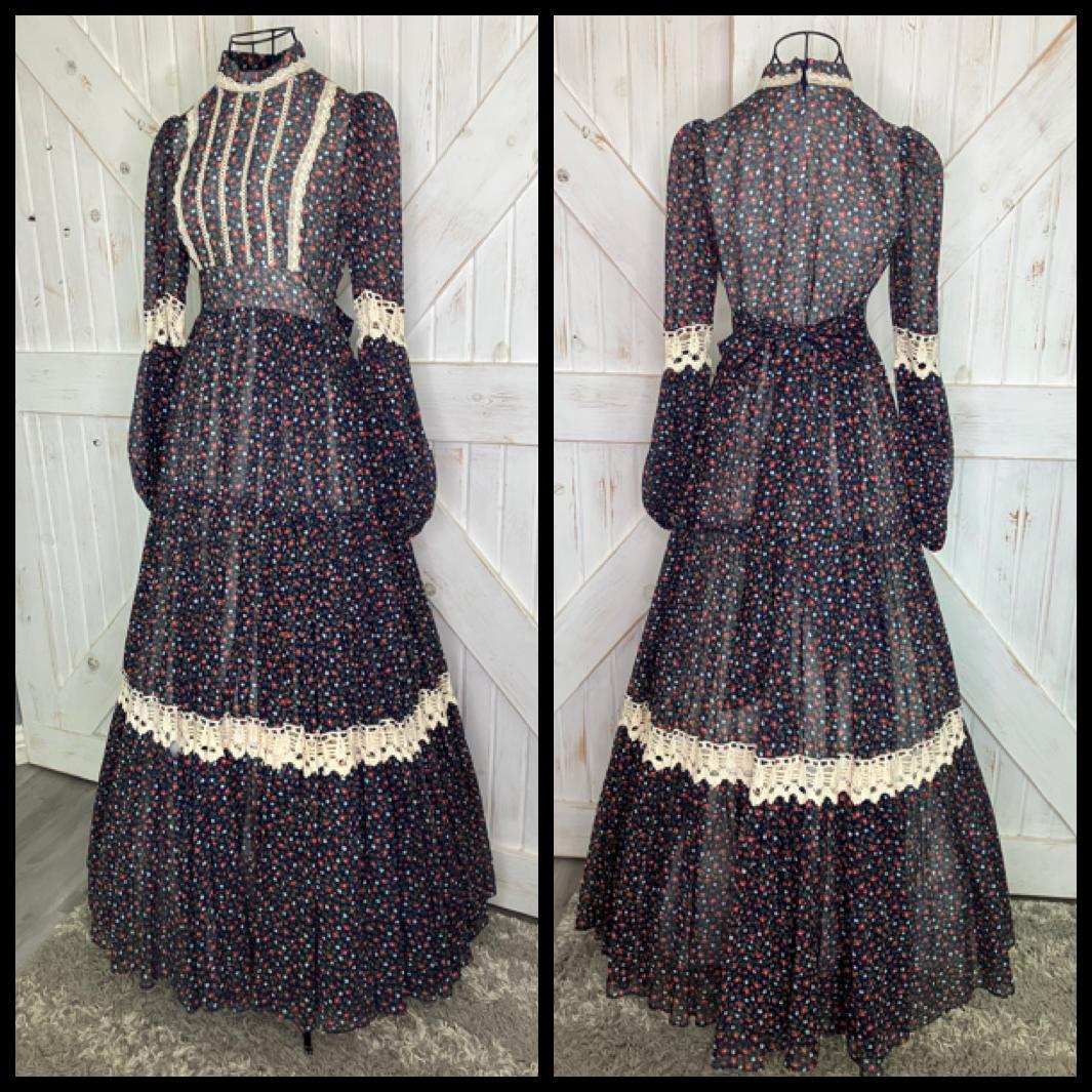 70's Vintage Gunne Sax Blue Red White Green Calico Pioneer Woman Prairie Western Maxi Dress 7