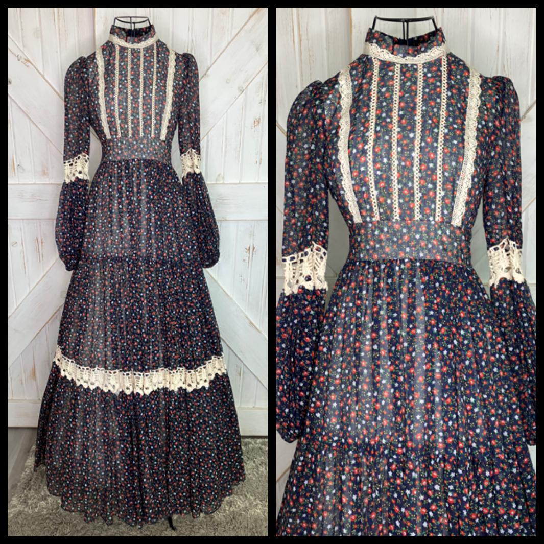 70's Vintage Gunne Sax Blue Red White Green Calico Pioneer Woman Prairie Western Maxi Dress 7