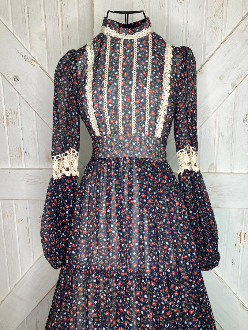 70's Vintage Gunne Sax Blue Red White Green Calico Pioneer Woman Prairie Western Maxi Dress 7