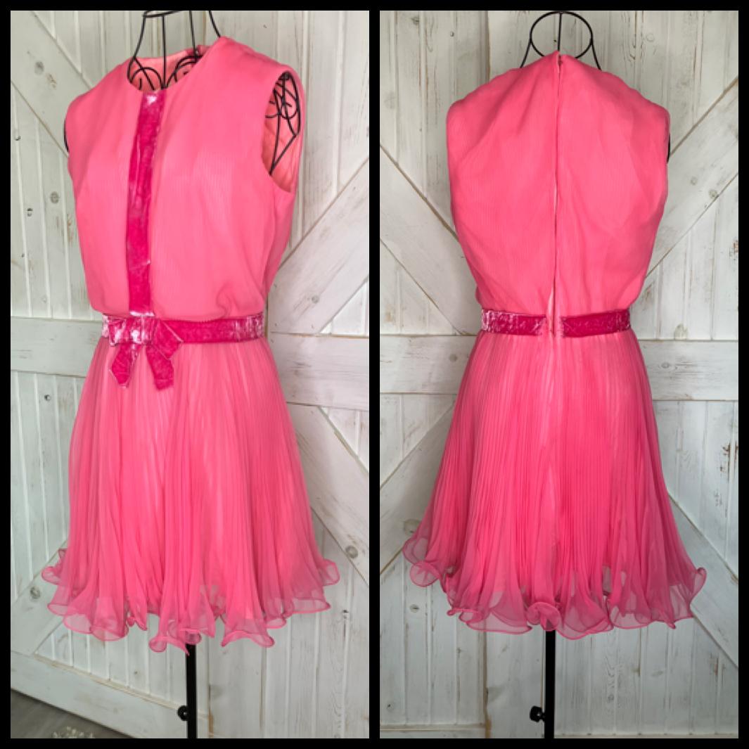60's Vintage Miss Elliette Hot Pink Chiffon Mod Go Go Mini Cocktail Party Dress *FLAWS