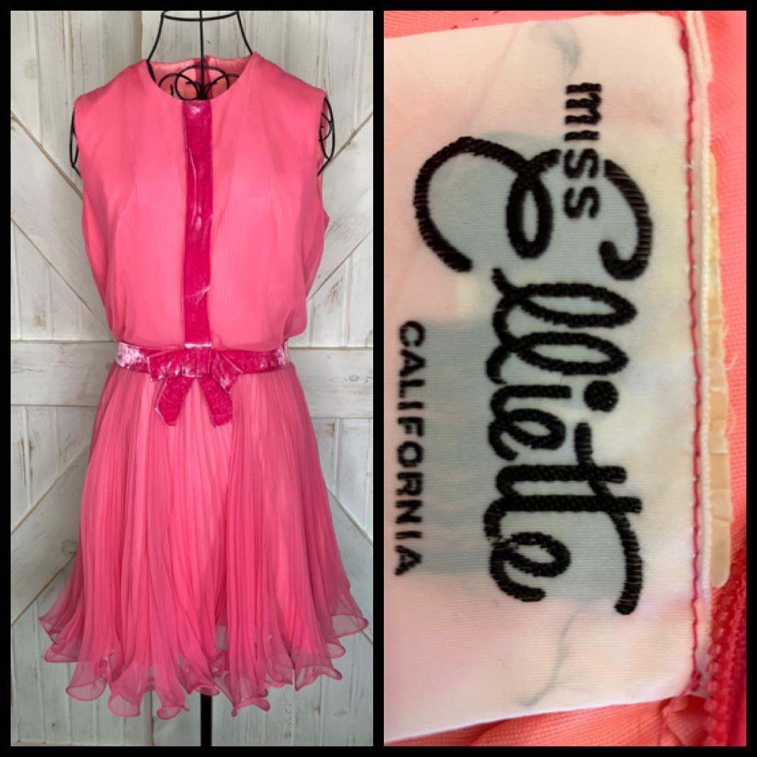 60's Vintage Miss Elliette Hot Pink Chiffon Mod Go Go Mini Cocktail Party Dress *FLAWS