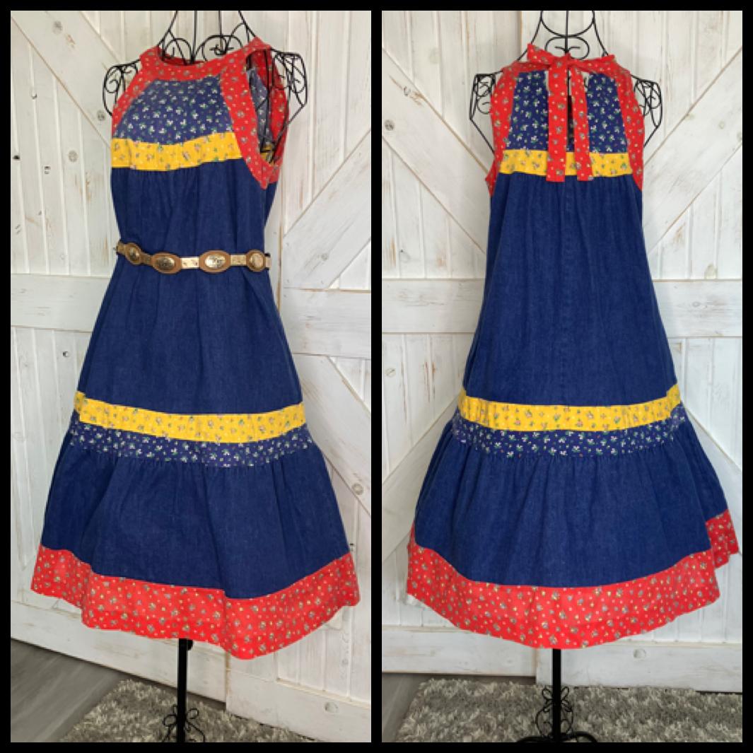 70's Vintage Blue Jean Denim Red Yellow Calico Gunne Sax STYLE Cowgirl Prairie Tent Halter Sundress Midi Dress