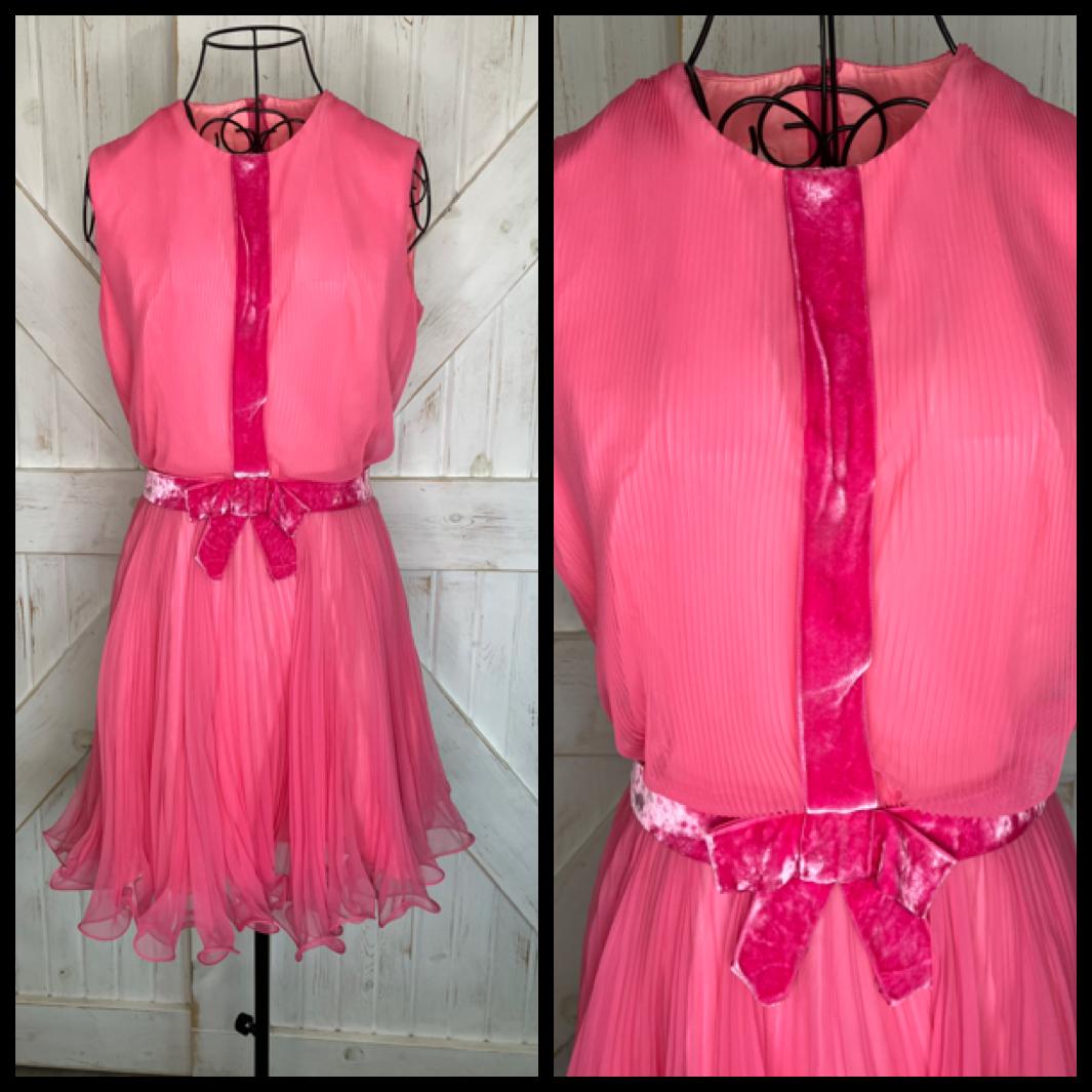 60's Vintage Miss Elliette Hot Pink Chiffon Mod Go Go Mini Cocktail Party Dress *FLAWS