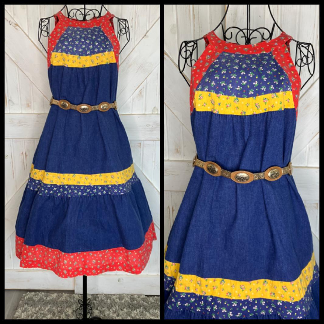 70's Vintage Blue Jean Denim Red Yellow Calico Gunne Sax STYLE Cowgirl Prairie Tent Halter Sundress Midi Dress