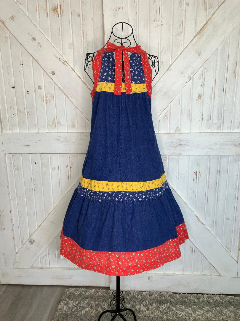70's Vintage Blue Jean Denim Red Yellow Calico Gunne Sax STYLE Cowgirl Prairie Tent Halter Sundress Midi Dress