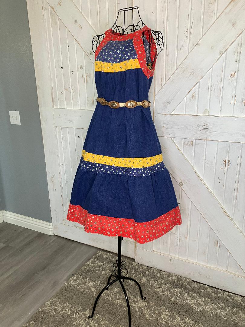 70's Vintage Blue Jean Denim Red Yellow Calico Gunne Sax STYLE Cowgirl Prairie Tent Halter Sundress Midi Dress