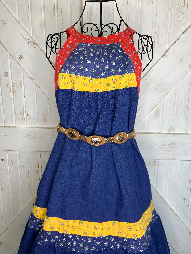 70's Vintage Blue Jean Denim Red Yellow Calico Gunne Sax STYLE Cowgirl Prairie Tent Halter Sundress Midi Dress