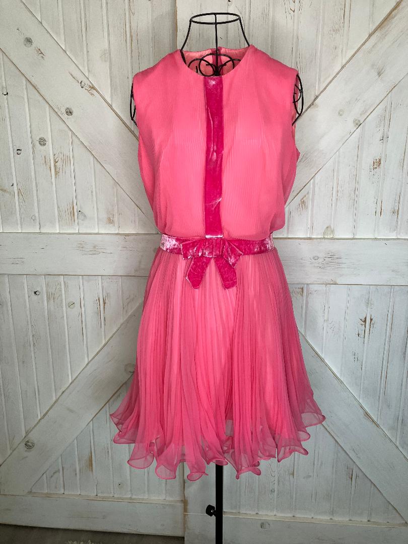 60's Vintage Miss Elliette Hot Pink Chiffon Mod Go Go Mini Cocktail Party Dress *FLAWS