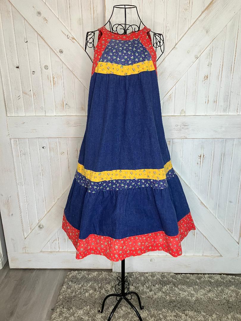 70's Vintage Blue Jean Denim Red Yellow Calico Gunne Sax STYLE Cowgirl Prairie Tent Halter Sundress Midi Dress
