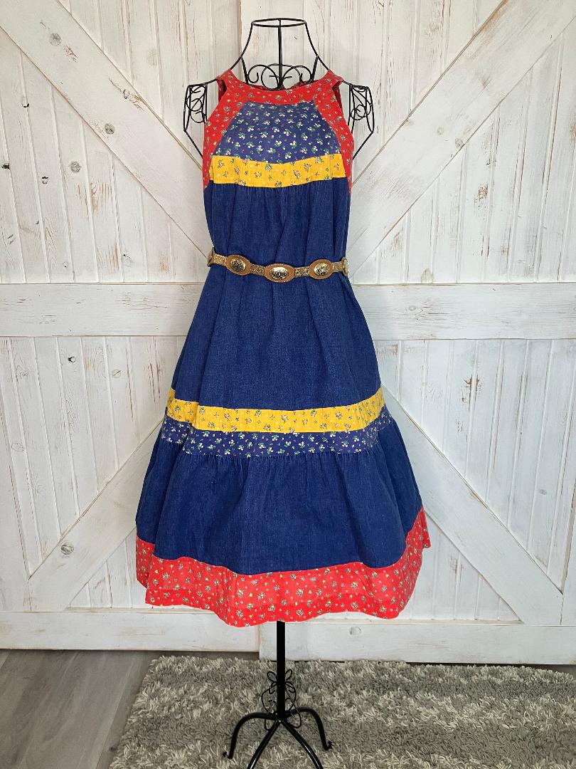 70's Vintage Blue Jean Denim Red Yellow Calico Gunne Sax STYLE Cowgirl Prairie Tent Halter Sundress Midi Dress