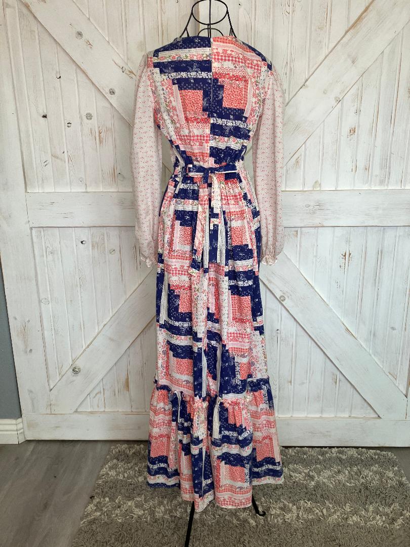 70's Vintage Sears Jr Bazaar Red White Blue Calico Patchwork Gunne Sax STYLE Corset Prairie Maxi Dress