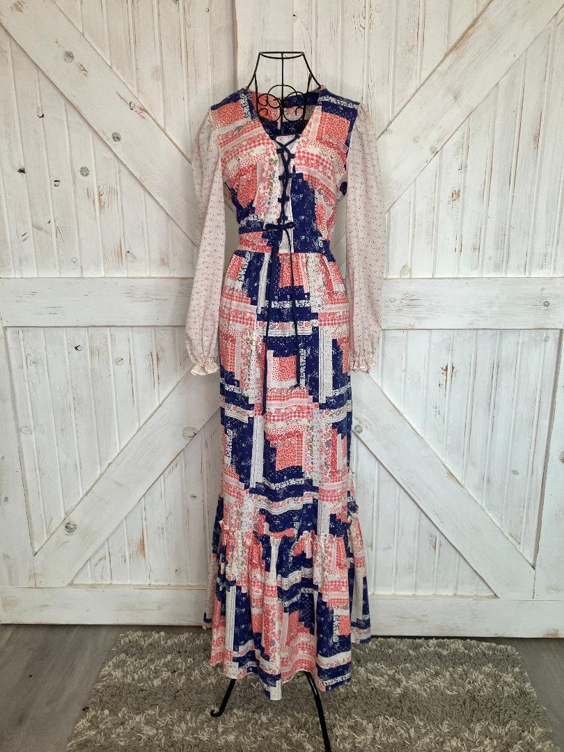 70's Vintage Sears Jr Bazaar Red White Blue Calico Patchwork Gunne Sax STYLE Corset Prairie Maxi Dress