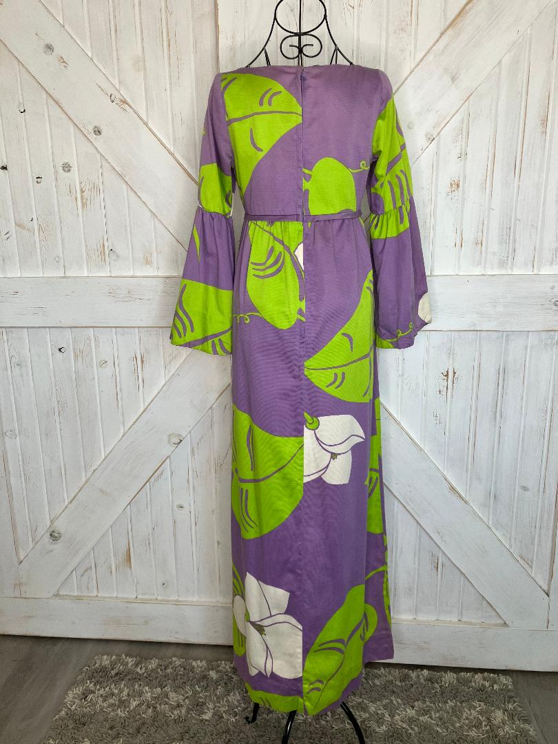 70's Vintage McInerny x Malia Honolulu Purple White Green Hawaiian Hostess Bell Sleeve Maxi Dress