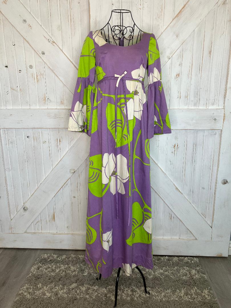 70's Vintage McInerny x Malia Honolulu Purple White Green Hawaiian Hostess Bell Sleeve Maxi Dress