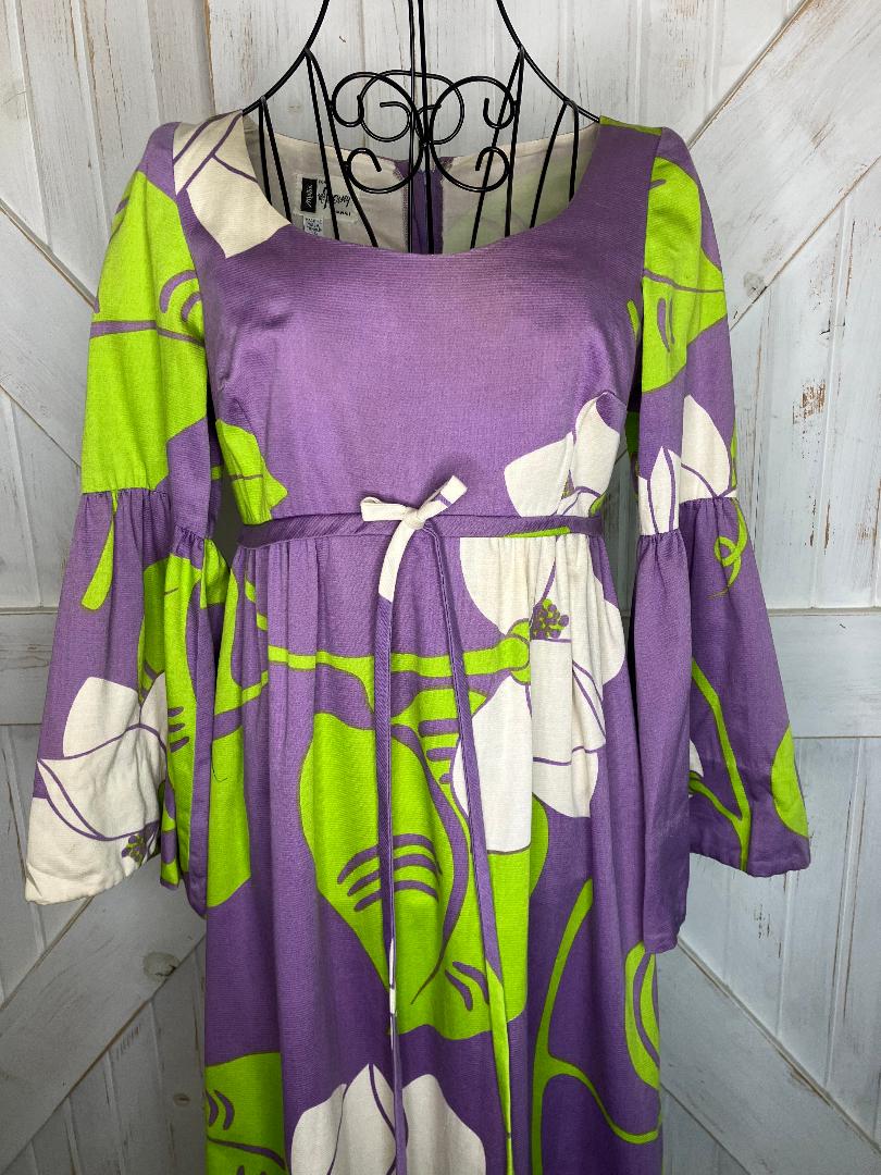 70's Vintage McInerny x Malia Honolulu Purple White Green Hawaiian Hostess Bell Sleeve Maxi Dress