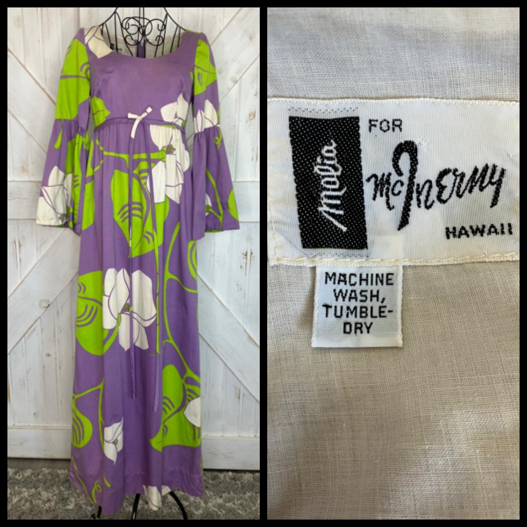 70's Vintage McInerny x Malia Honolulu Purple White Green Hawaiian Hostess Bell Sleeve Maxi Dress