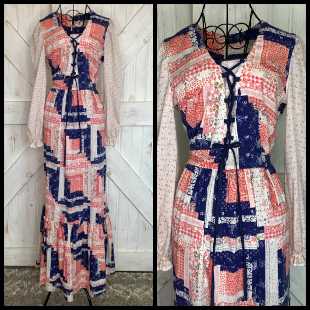 70's Vintage Sears Jr Bazaar Red White Blue Calico Patchwork Gunne Sax STYLE Corset Prairie Maxi Dress
