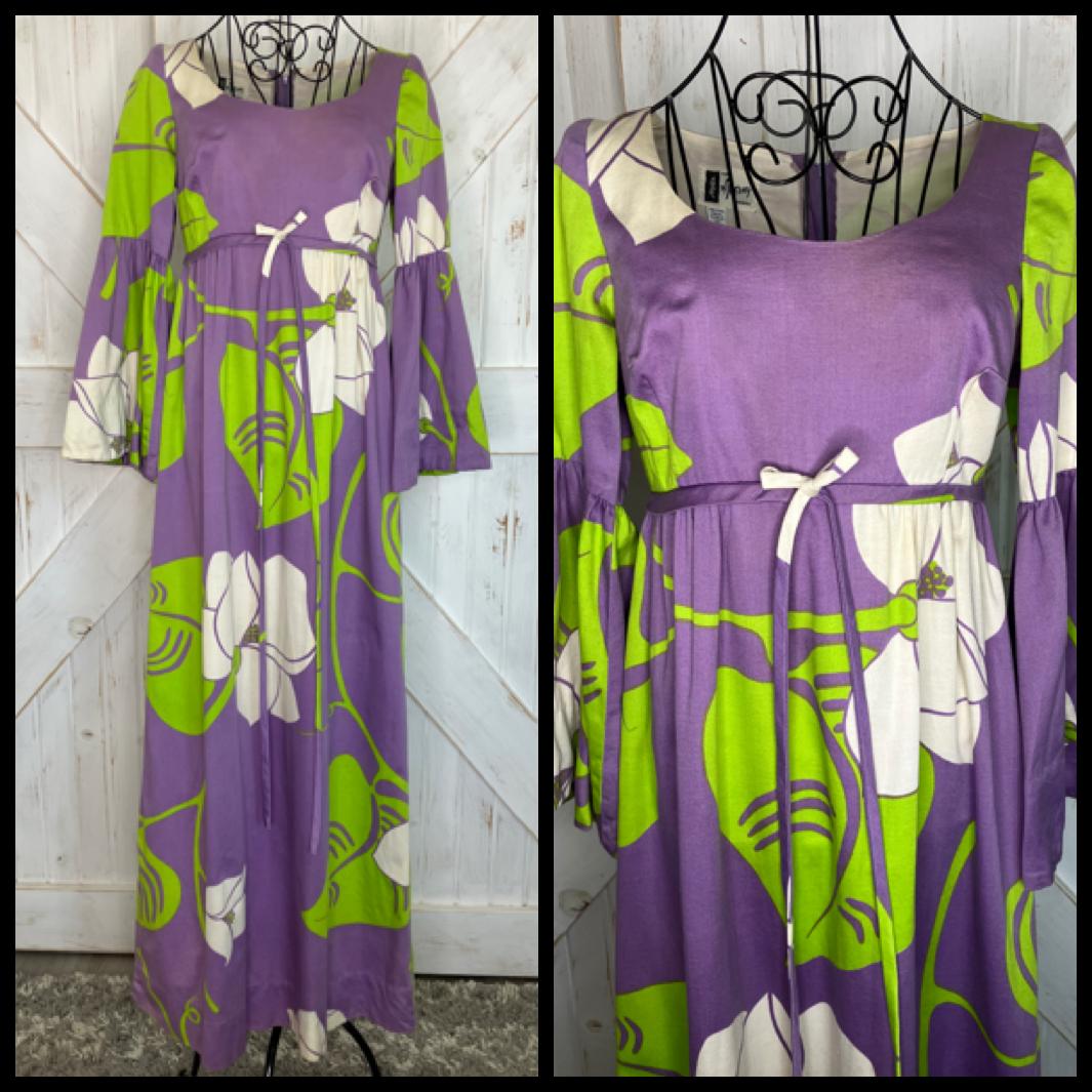 70's Vintage McInerny x Malia Honolulu Purple White Green Hawaiian Hostess Bell Sleeve Maxi Dress