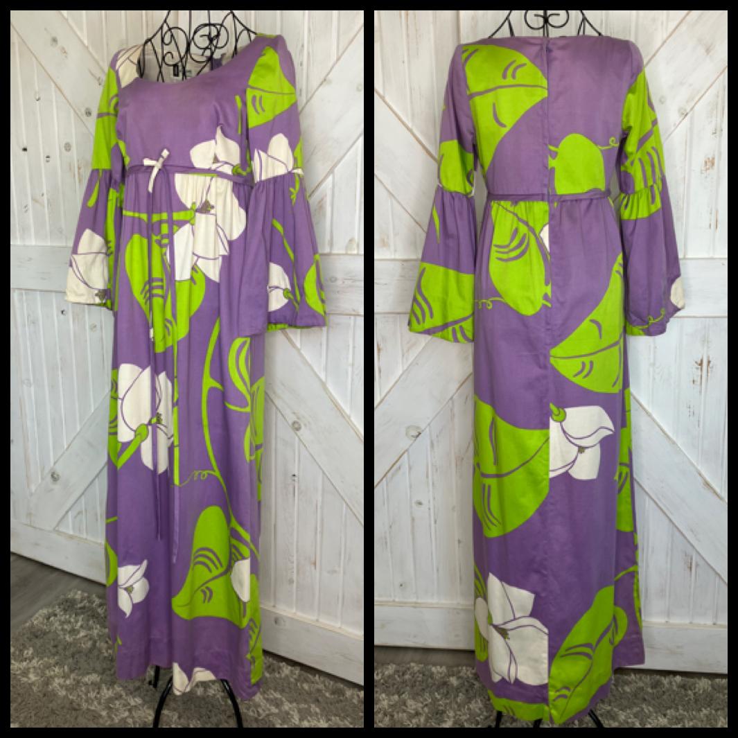 70's Vintage McInerny x Malia Honolulu Purple White Green Hawaiian Hostess Bell Sleeve Maxi Dress