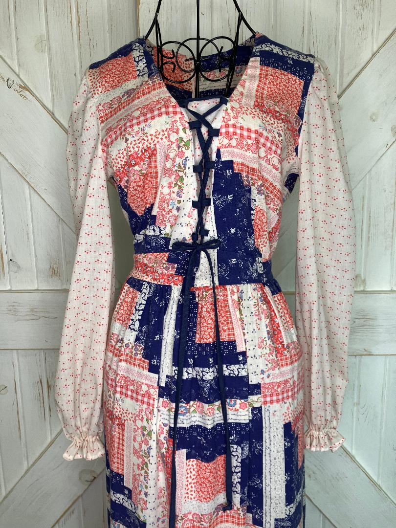 70's Vintage Sears Jr Bazaar Red White Blue Calico Patchwork Gunne Sax STYLE Corset Prairie Maxi Dress