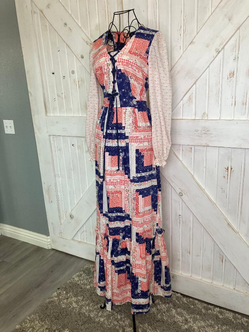 70's Vintage Sears Jr Bazaar Red White Blue Calico Patchwork Gunne Sax STYLE Corset Prairie Maxi Dress
